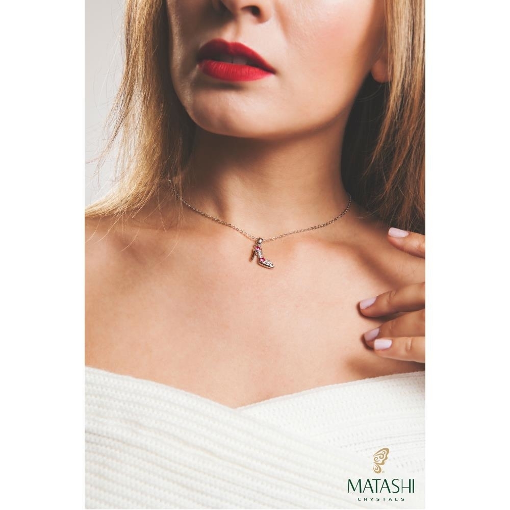 Rhodium Plated Necklace With Stiletto Shoe Design With A 16 Extendable Chain And High Quality Pink Rose And Clear Crystals By Matashi