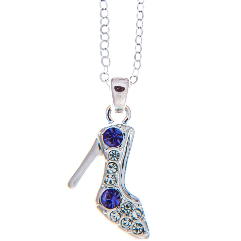 Rhodium Plated Necklace With Stiletto Shoe Design With A 16 Extendable Chain And High Quality Purple And Clear Crystals By Matashi