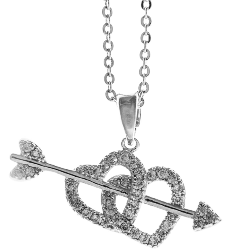 Rhodium Plated Necklace With Cupid's Arrow Double Heart Design With A 16 Extendable Chain And High Quality Crystals By Matashi