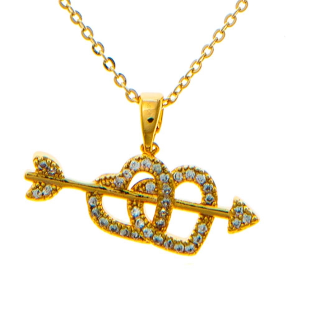 Champagne Gold Plated Necklace With Cupid's Arrow Double Heart Design With A 16 Extendable Chain And High Quality Crystals By Matashi