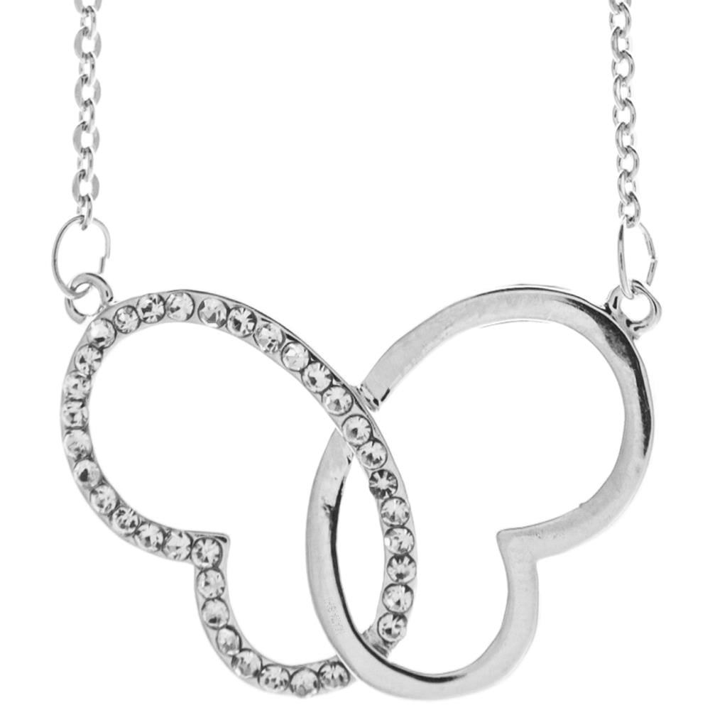 Rhodium Plated Necklace With Intertwined Hearts Butterfly Design With A 16 Extendable Chain And High Quality Crystals By Matashi