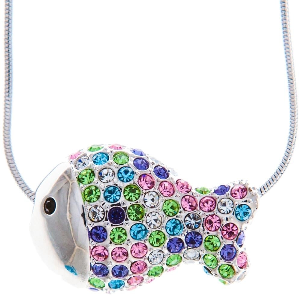 Rhodium Plated Necklace With Fish Design With A 16 Extendable Chain And High Quality Multicolored Crystals By Matashi