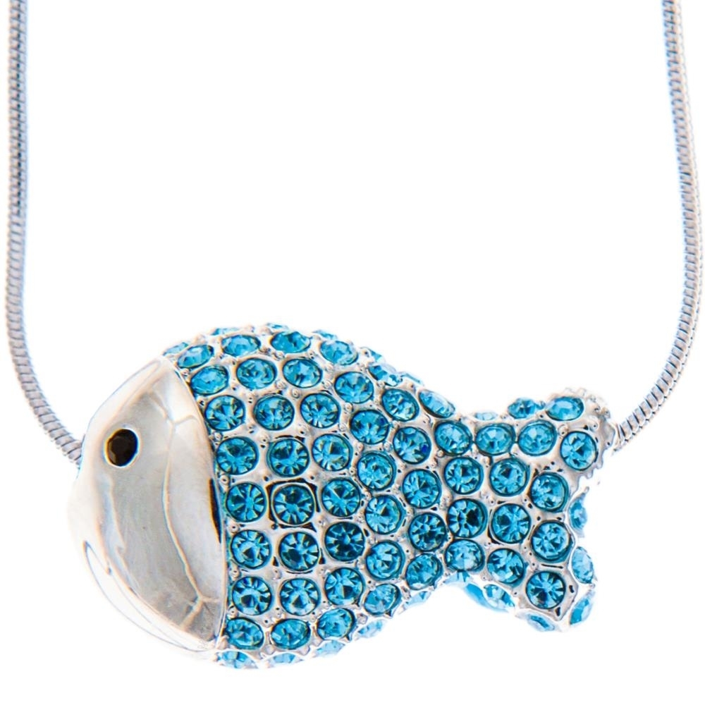 Rhodium Plated Necklace With Fish Design With A 16 Extendable Chain And High Quality Ocean Blue Crystals By Matashi