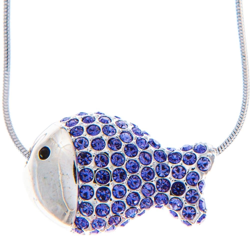 Rhodium Plated Necklace With Fish Design With A 16 Extendable Chain And High Quality Purple Crystals By Matashi