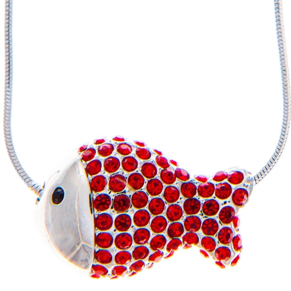 Rhodium Plated Necklace With Fish Design With A 16 Extendable Chain And High Quality Red Crystals By Matashi
