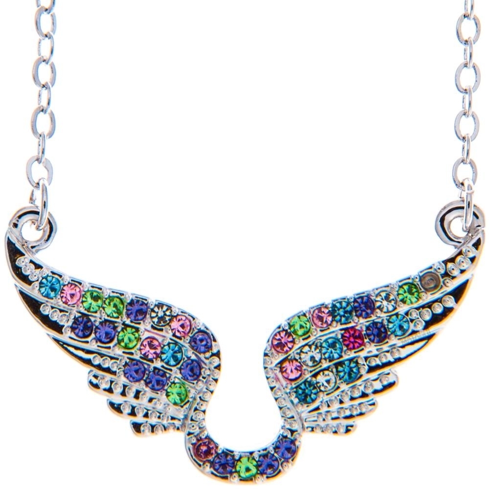 Rhodium Plated Necklace With Outspread Angel Wings Design With A 16 Extendable Chain And High Quality Multicolored Crystals By Matashi