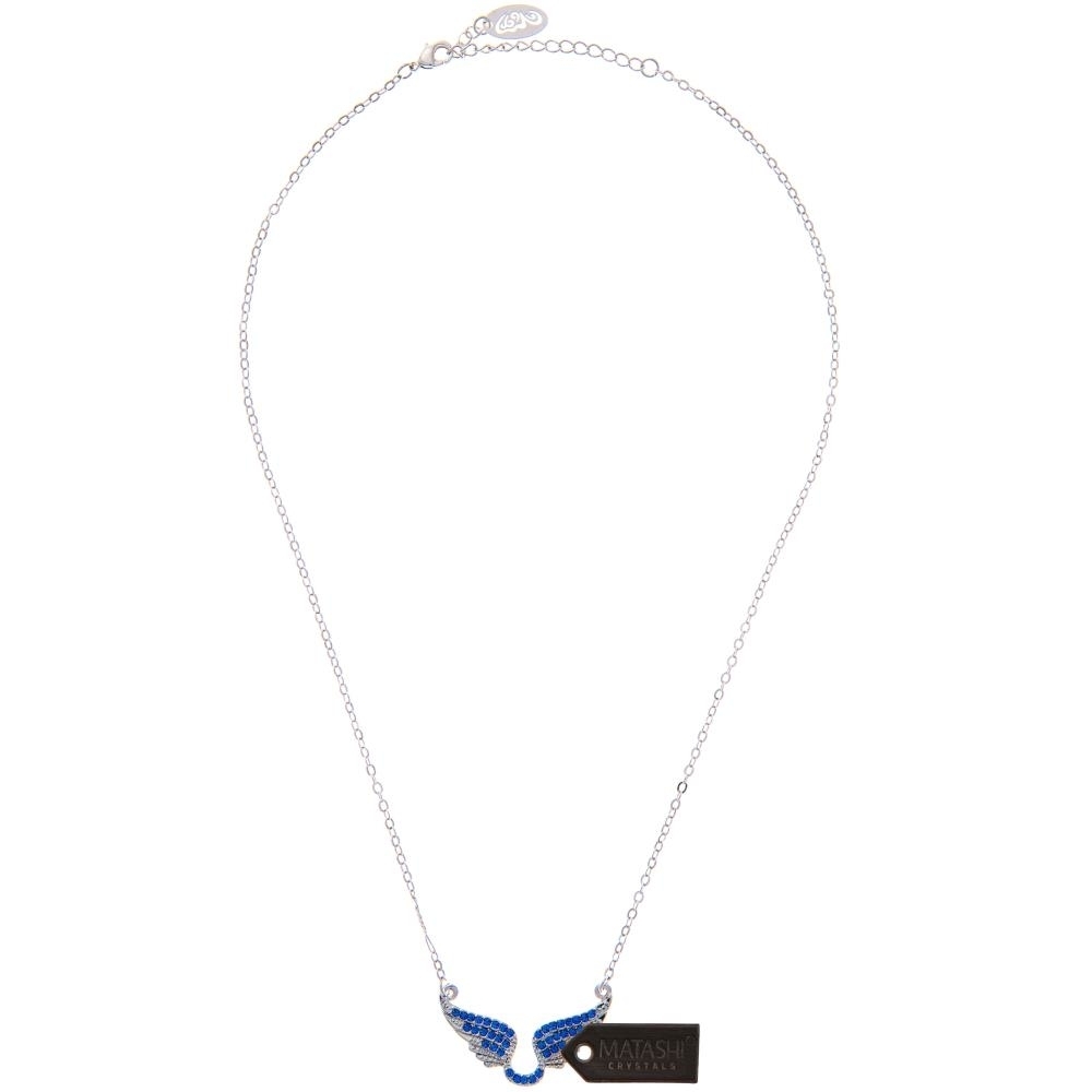 Rhodium Plated Necklace With Outspread Angel Wings Design With A 16 Extendable Chain And High Quality Clear Crystals By Matashi