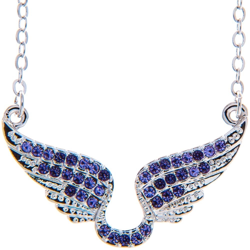 Rhodium Plated Necklace With Outspread Angel Wings Design With A 16 Extendable Chain And High Quality Purple Crystals By Matashi