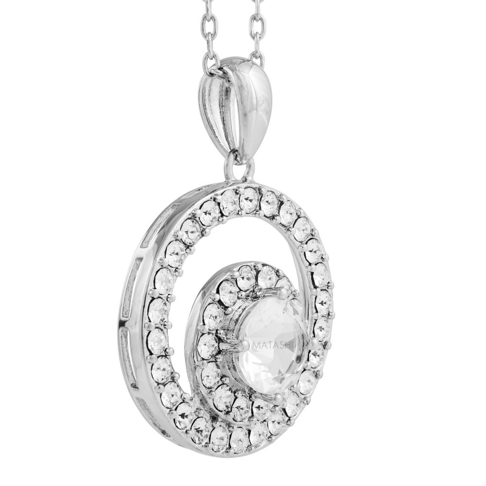 18k White Gold Plated Necklace With Concentric Double Circle Design With A 16 Extendable Chain Made With High Quality Crystals By Matashi