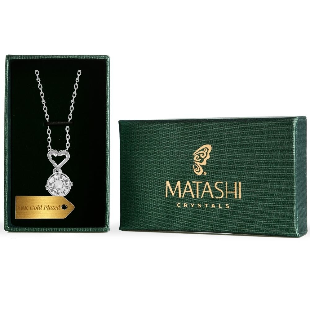 18K White Gold Plated Necklace With Crystal & Heart Design With A 16 Extendable Chain And High Quality Crystals By Matashi