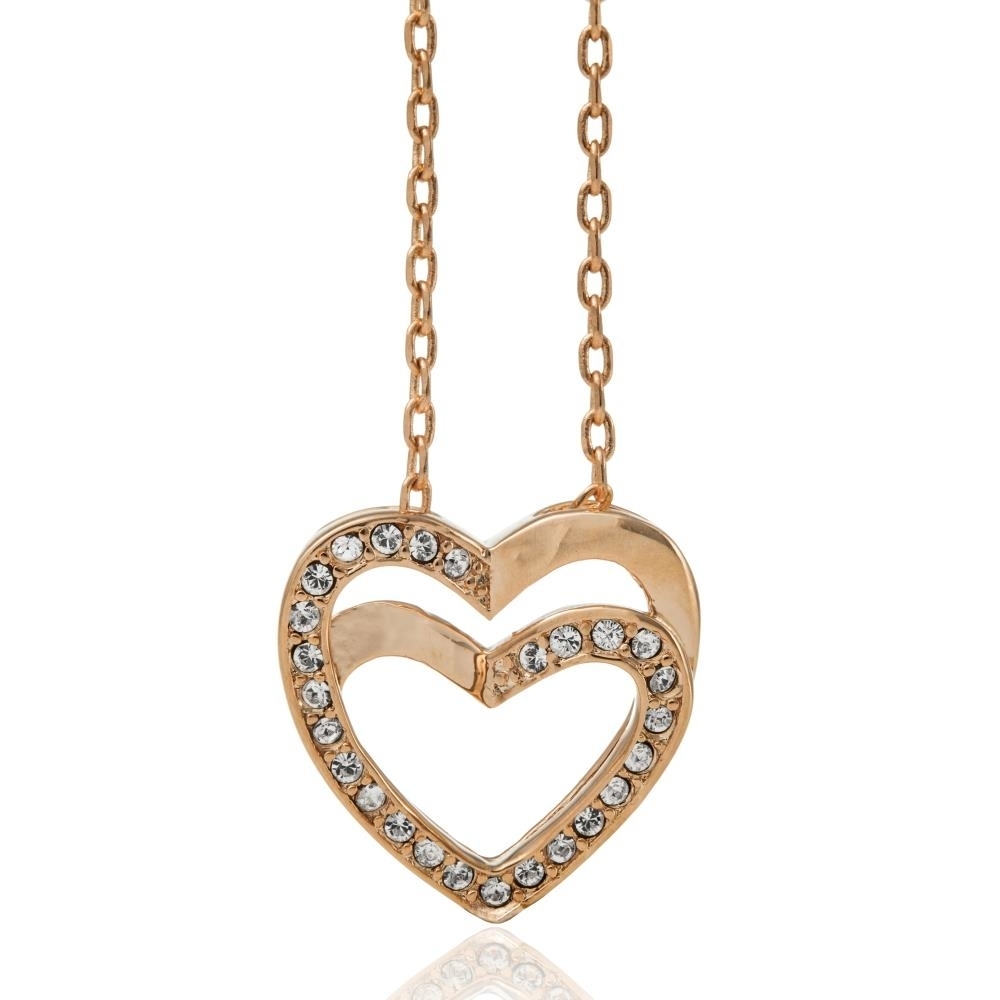 Rose Gold Plated Double Heart Pendant Necklace With Sparkling Clear Crystals By Matashi