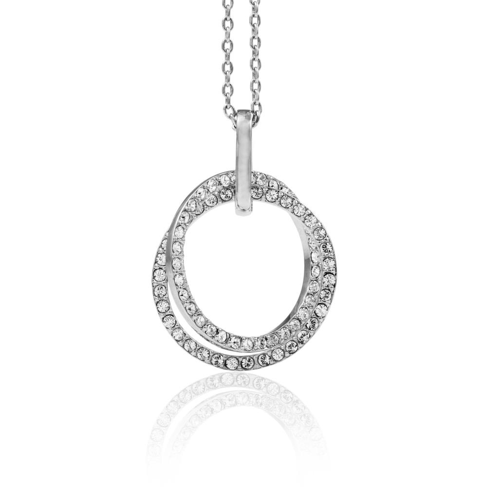 18K White Gold Plated Double Circle Pendant Necklace With Sparkling Clear Crystals By Matashi