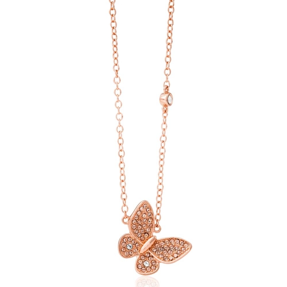 Rose Gold Plated Butterfly Pendant Necklace With Sparkling Rose Gold Crystals By Matashi