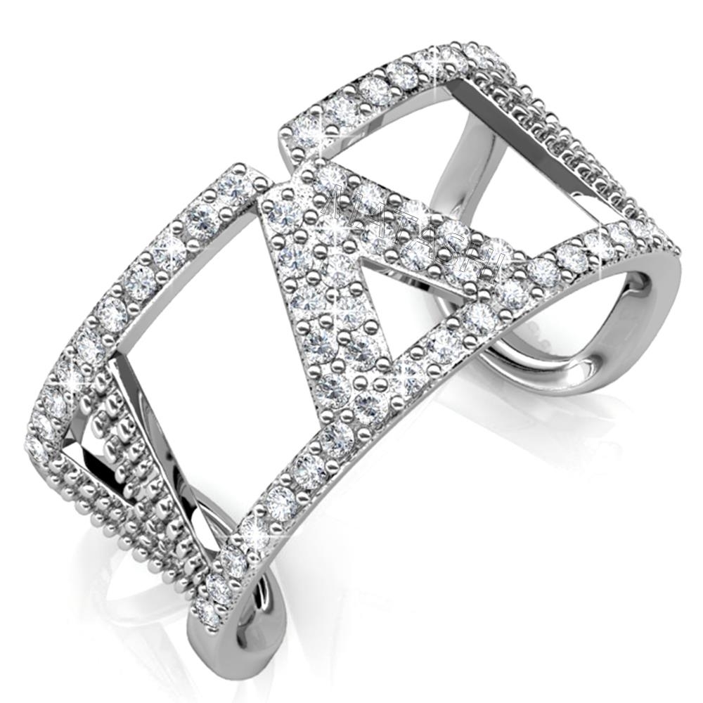 18K White Gold Plated Womens Open Back V Ring With Clear Sparkling Crystals By Matashi Size 6
