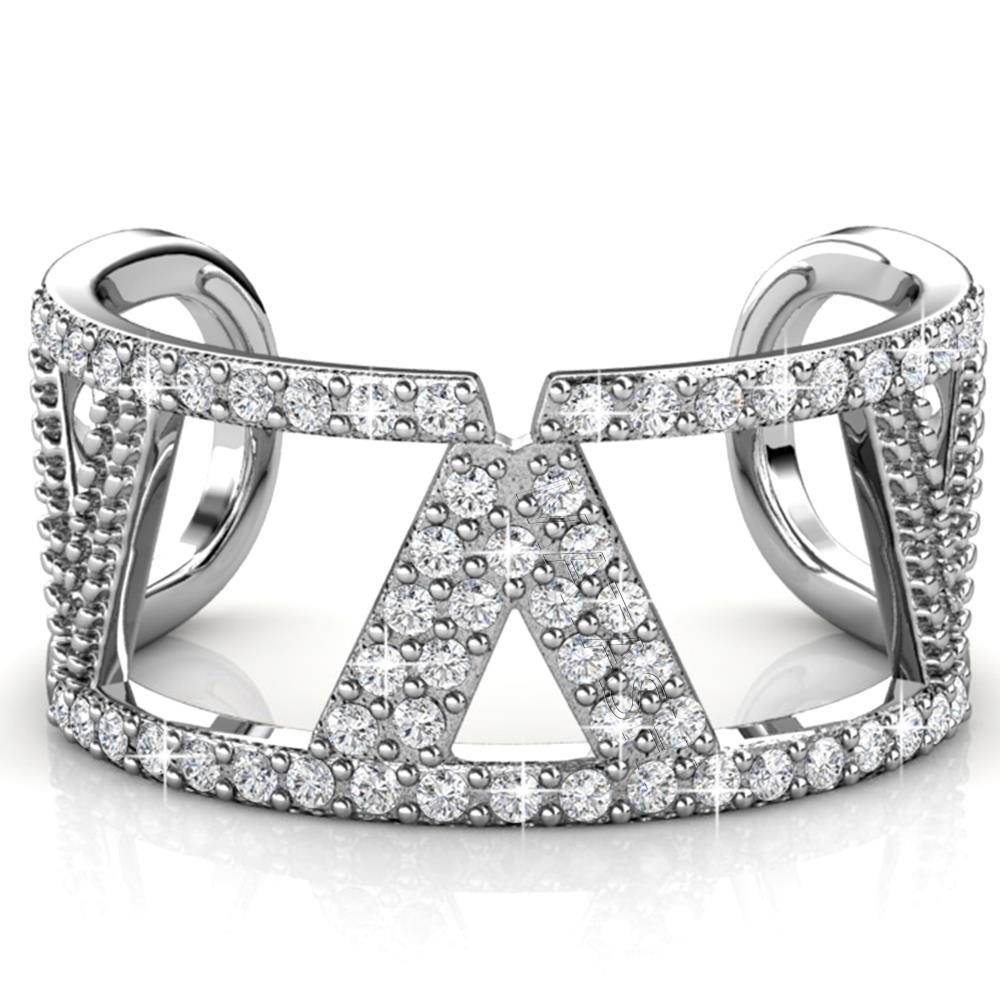 18K White Gold Plated Womens Open Back V Ring With Clear Sparkling Crystals By Matashi Size 5