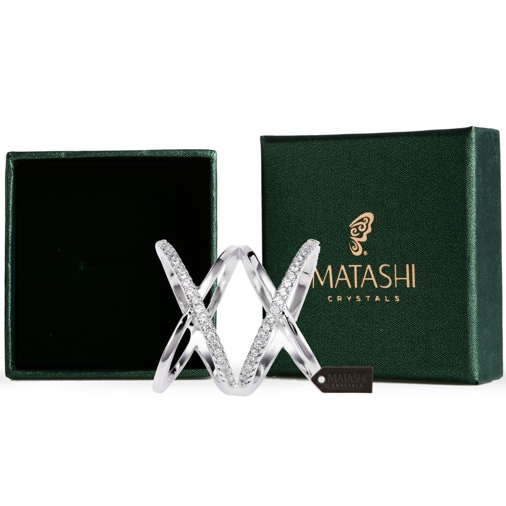 Rhodium Plated Crisscross Design Luxury Ring With CZ Stones Size 6 By Matashi