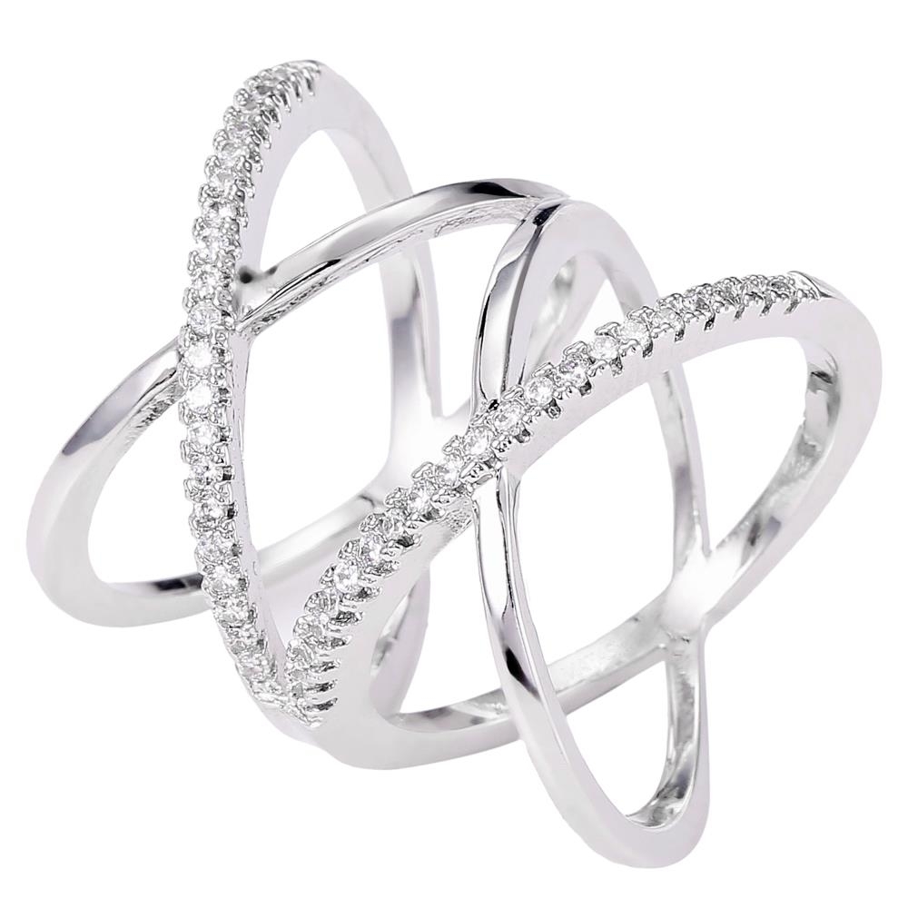 Rhodium Plated Double X Crisscross Design Luxury Ring With CZ Stones Size 8 By Matashi