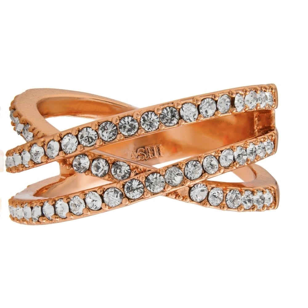 Rose Gold Plated Double Crossed Ring With Luxury Sparkling Crystals Pave Design By Matashi Size 5