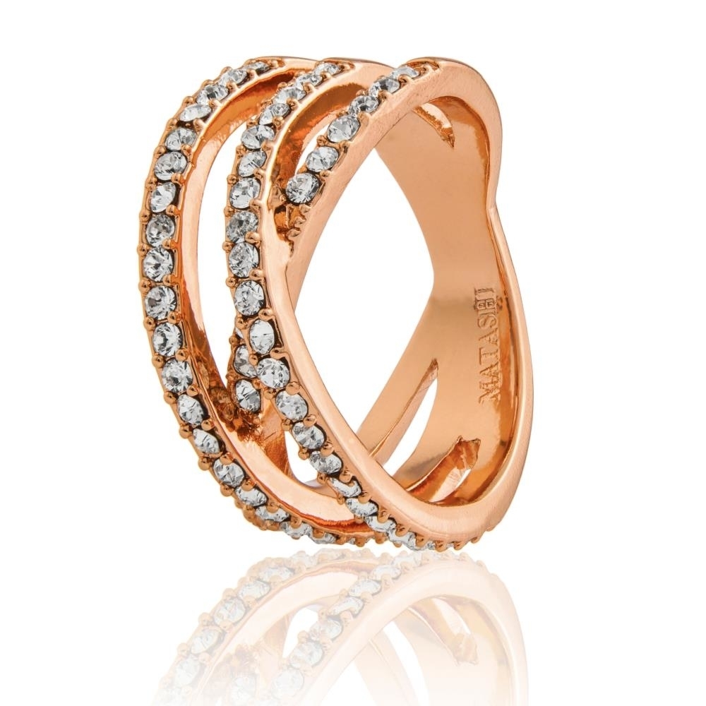 Rose Gold Plated Double Crossed Ring With Luxury Sparkling Crystals Pave Design By Matashi Size 5
