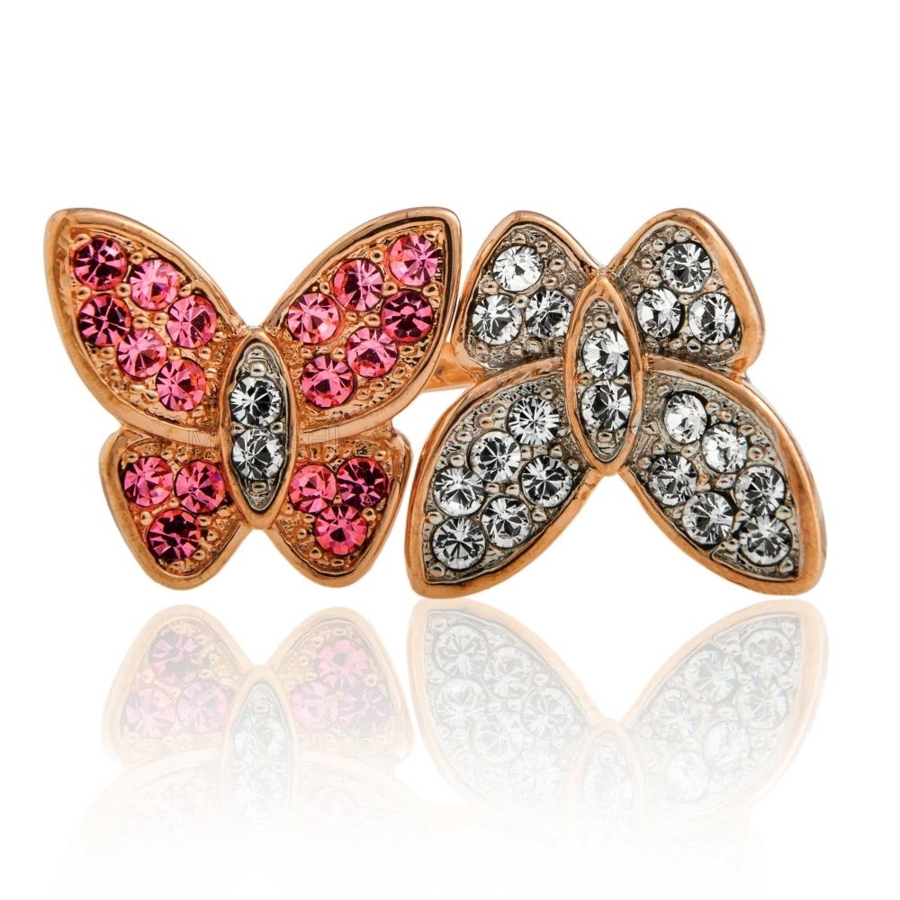 Rose Gold Plated Butterfly Motif Ring With Sparkling Clear And Pink Crystal Stones By Matashi Size 7