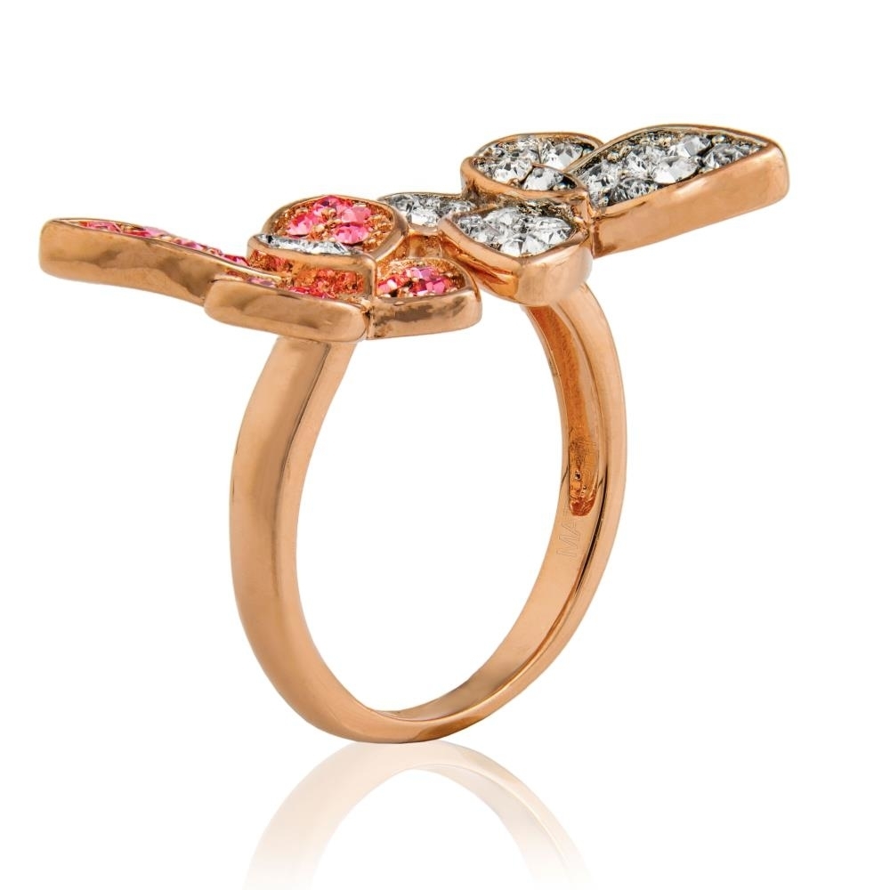 Rose Gold Plated Butterfly Motif Ring With Sparkling Clear And Pink Crystal Stones By Matashi Size 6