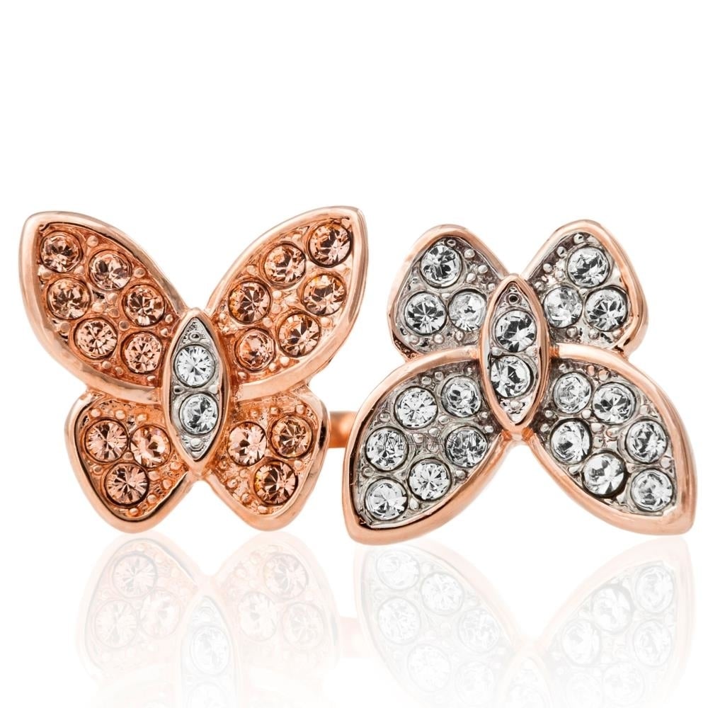 Rose Gold Plated Butterfly Motif Ring With Sparkling Clear And Rose Gold Colored Crystal Stones By Matashi Size 5
