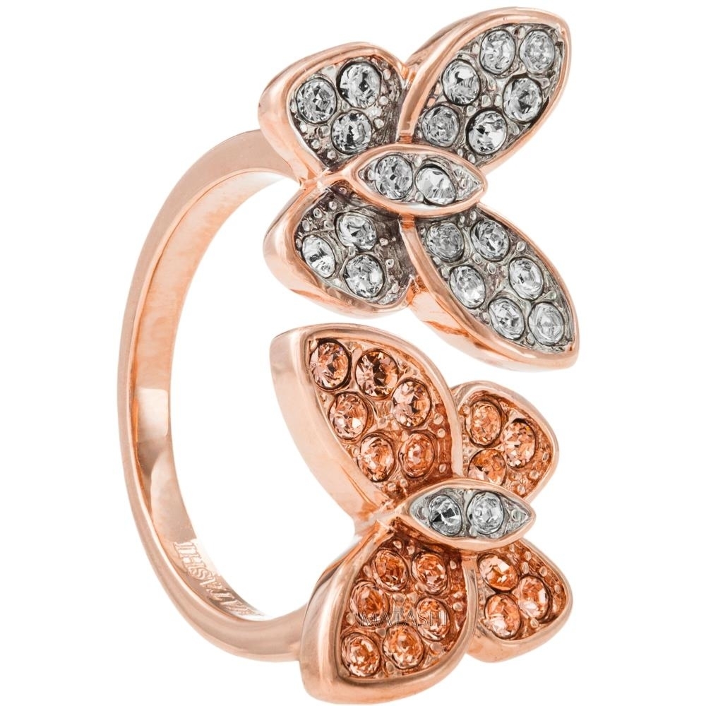 Rose Gold Plated Butterfly Motif Ring With Sparkling Clear And Rose Gold Colored Crystal Stones By Matashi Size 5