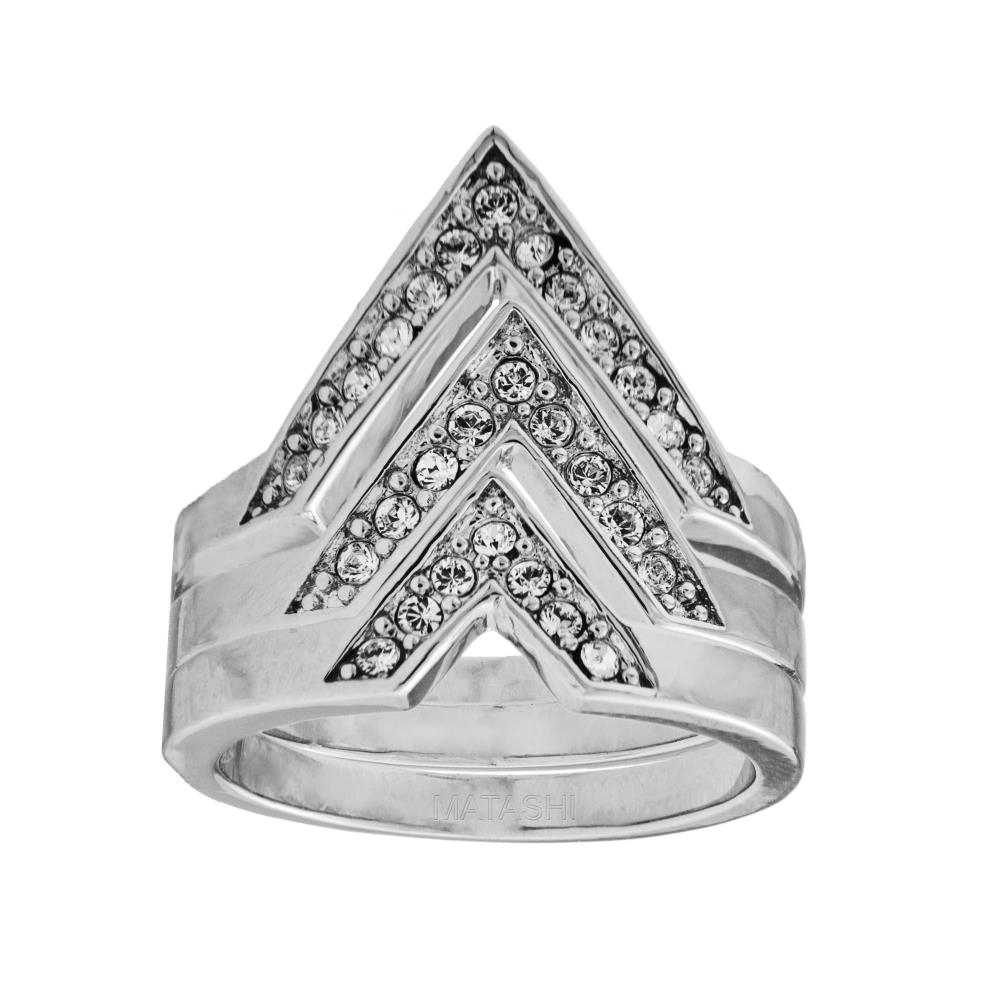 Set Of 3 18k White Gold Plated Ring With Elegant Triple V Chevron Design With Sparkling Crystals By Matashi Size 5
