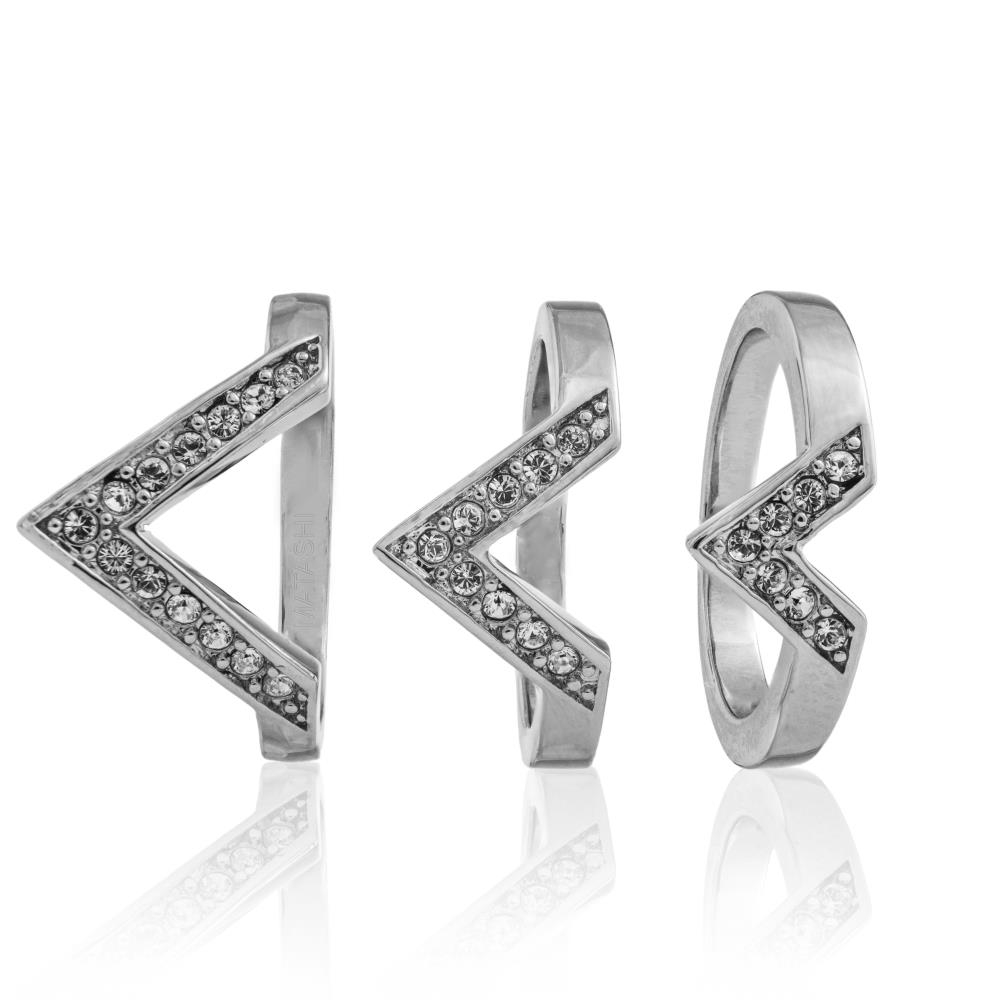Set Of 3 18k White Gold Plated Ring With Elegant Triple V Chevron Design With Sparkling Crystals By Matashi Size 5