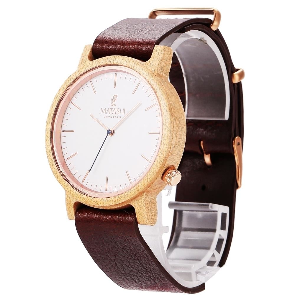 Matashi Mens And Womens Casual Wooden Wrist Watch With Brown Leather Strap 1ATM Water Resistant Business Or Travel Swiss Movement