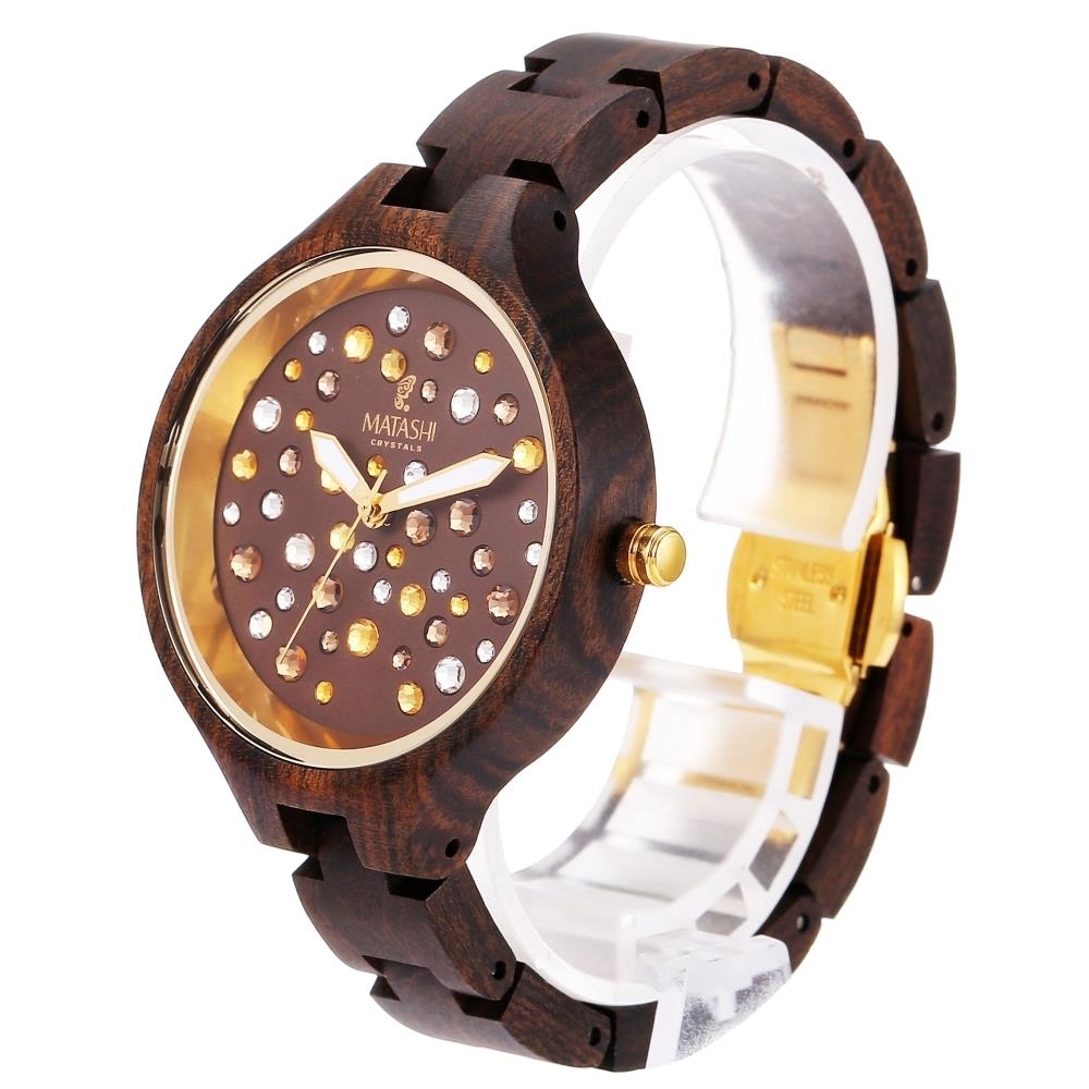 Matashi Womens Brown Salwood Watch With Crystals Gold Bezel Business Casual Swiss Ronda Movement 1ATM Water Resistant