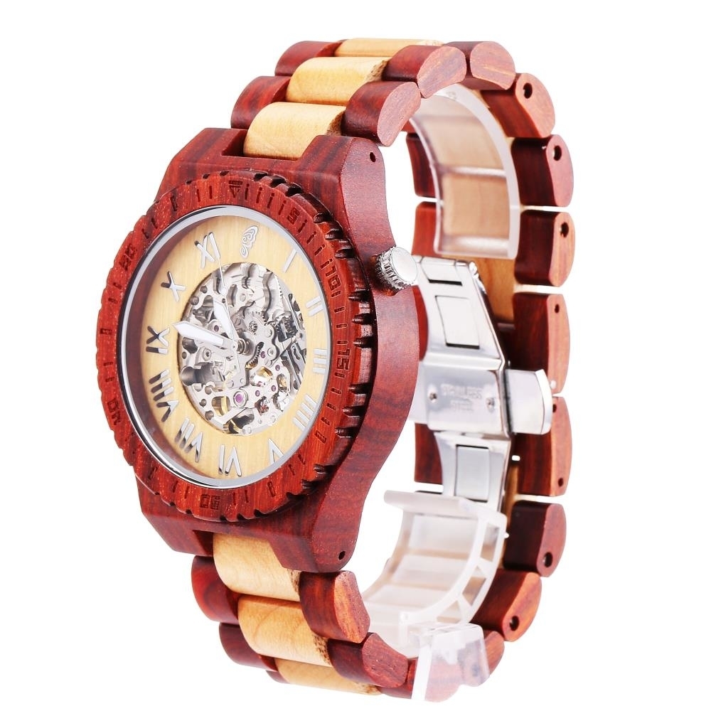 Matashi Mens Automatic Wooden Watch Red Salwood And Maple Japanese Movement Business Casual 1ATM Water Resistant