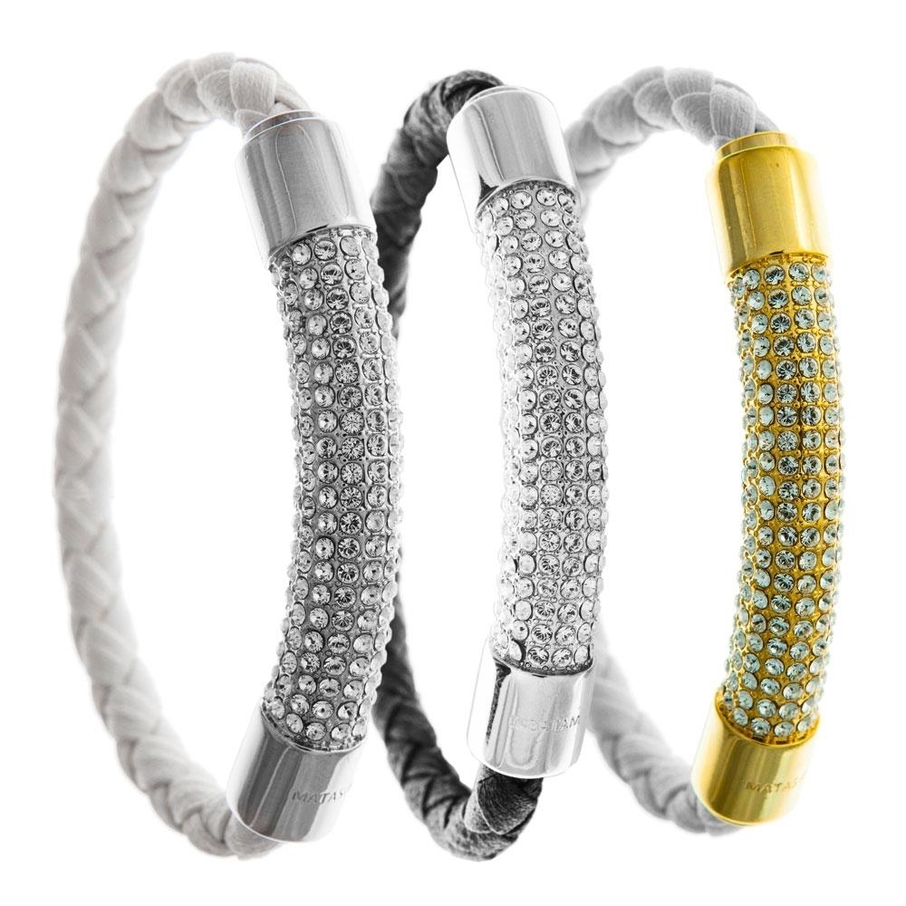 Set Of Three 7 18K White Gold Plated Bracelet With Magnetic Clasps And High Quality Crystals By Matashi