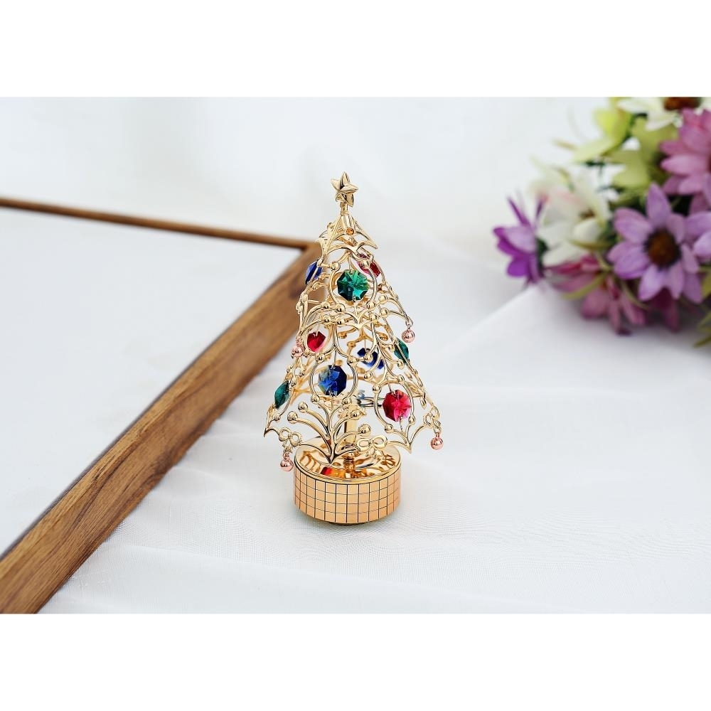 24K Gold Plated Christmas Tree Wind-Up Music Box Table Top Ornament With Matashi Crystals - Deck The Halls