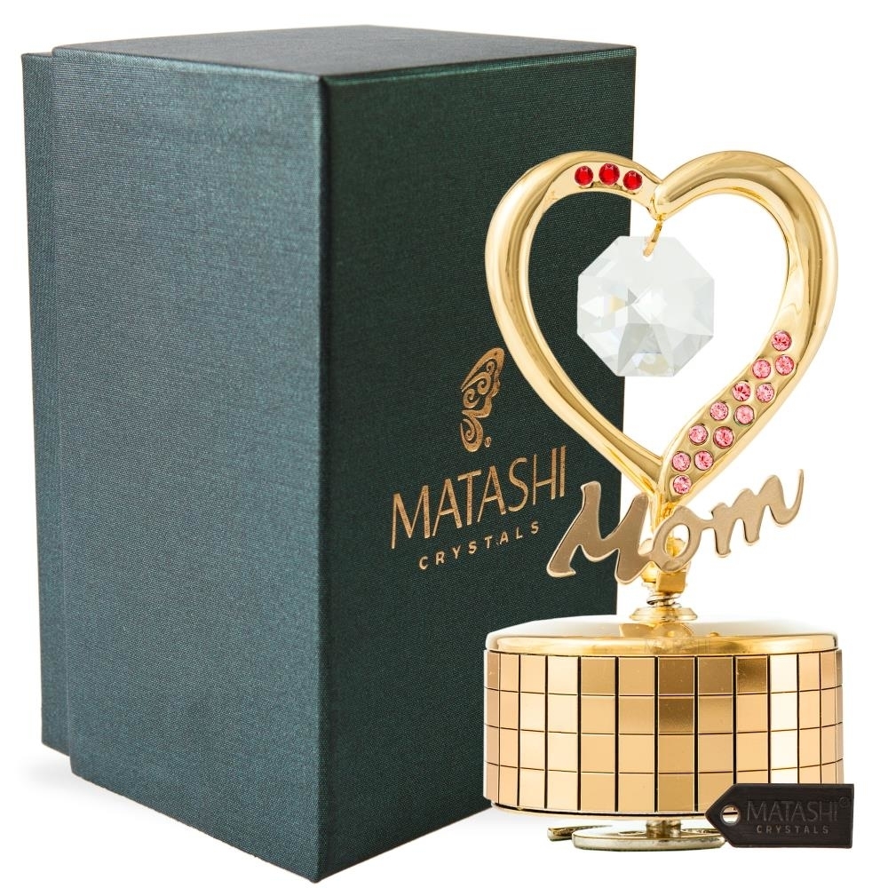 24K Gold Plated Mom Heart Wind-Up Music Box Table Top Ornament With Crystals By Matashi- Amazing Grace