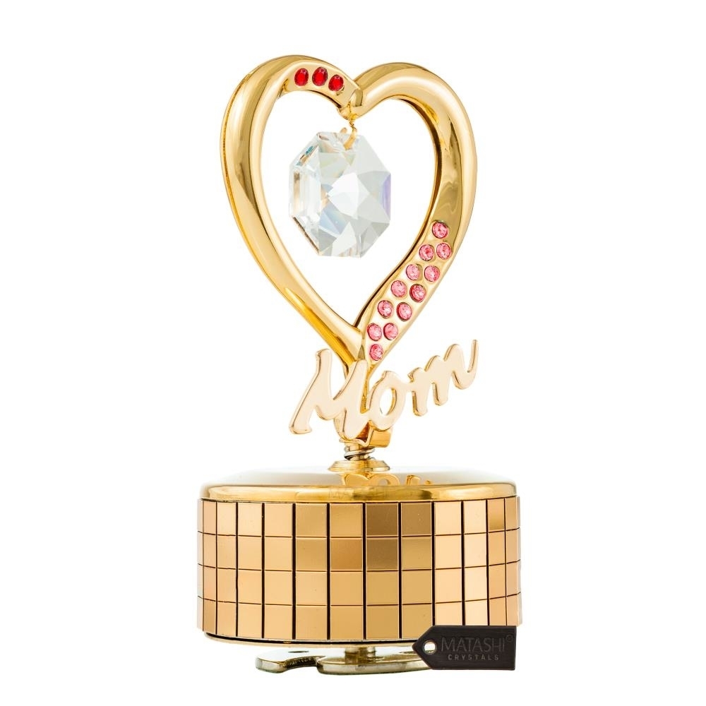 24K Gold Plated Mom Heart Wind-Up Music Box Table Top Ornament With Crystals By Matashi- Love Story