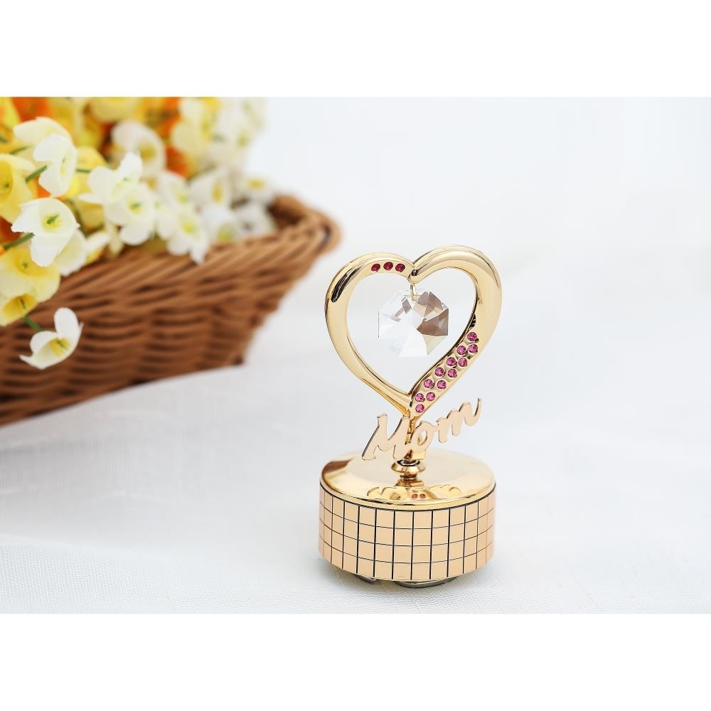 24K Gold Plated Mom Heart Wind-Up Music Box Table Top Ornament With Crystals By Matashi- Amazing Grace