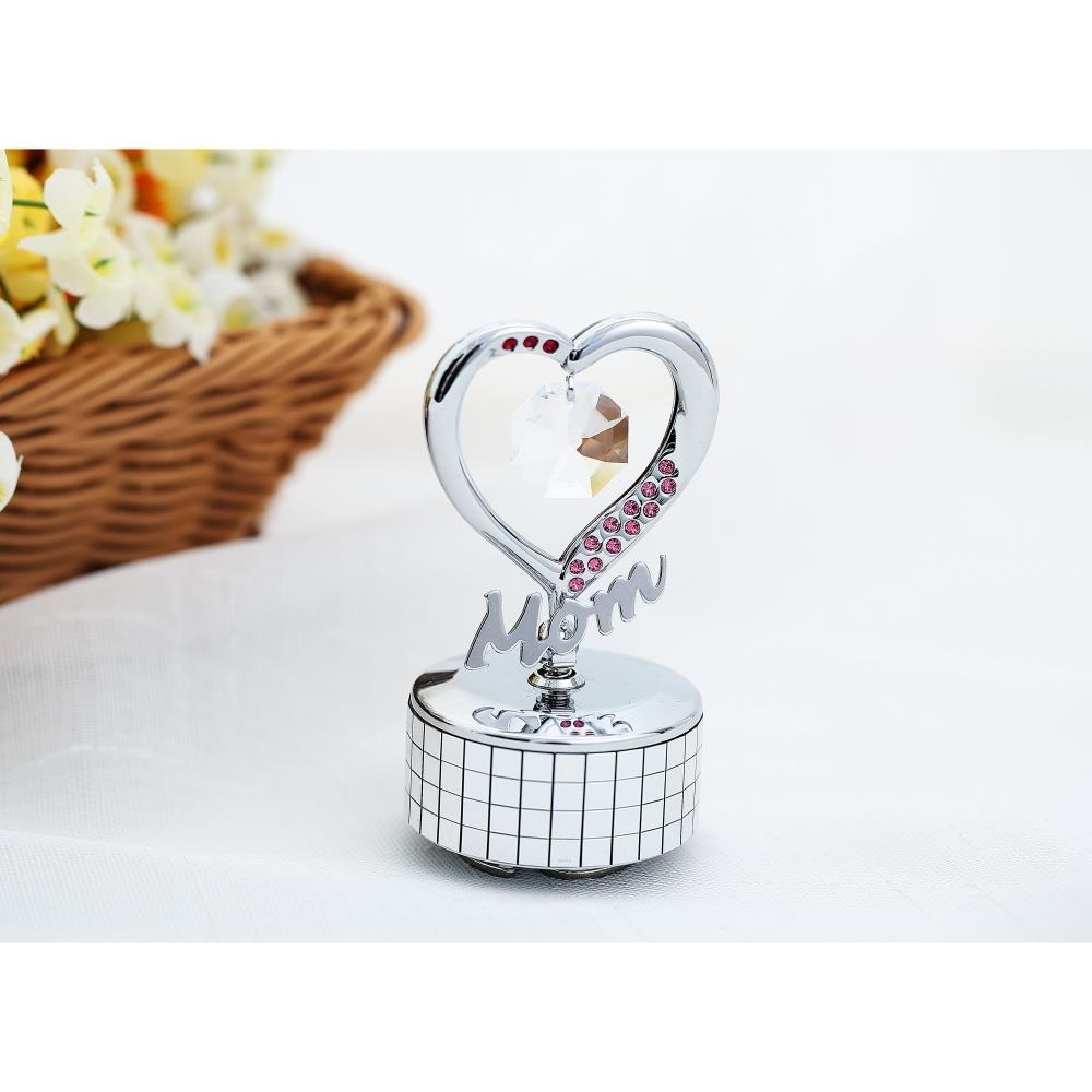 Chrome Plated Mom Heart Wind-Up Music Box Table Top Ornament With Crystals By Matashi- Love Story