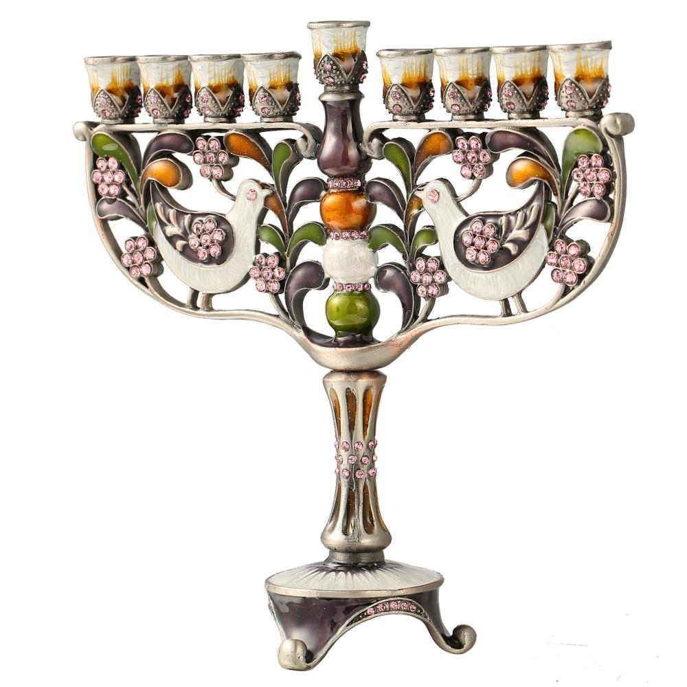 Hand Painted Enamel Menorah Candelabra With A Doves And Flower Design And Embellished With Gold Accents And High Quality Crystals By Matashi