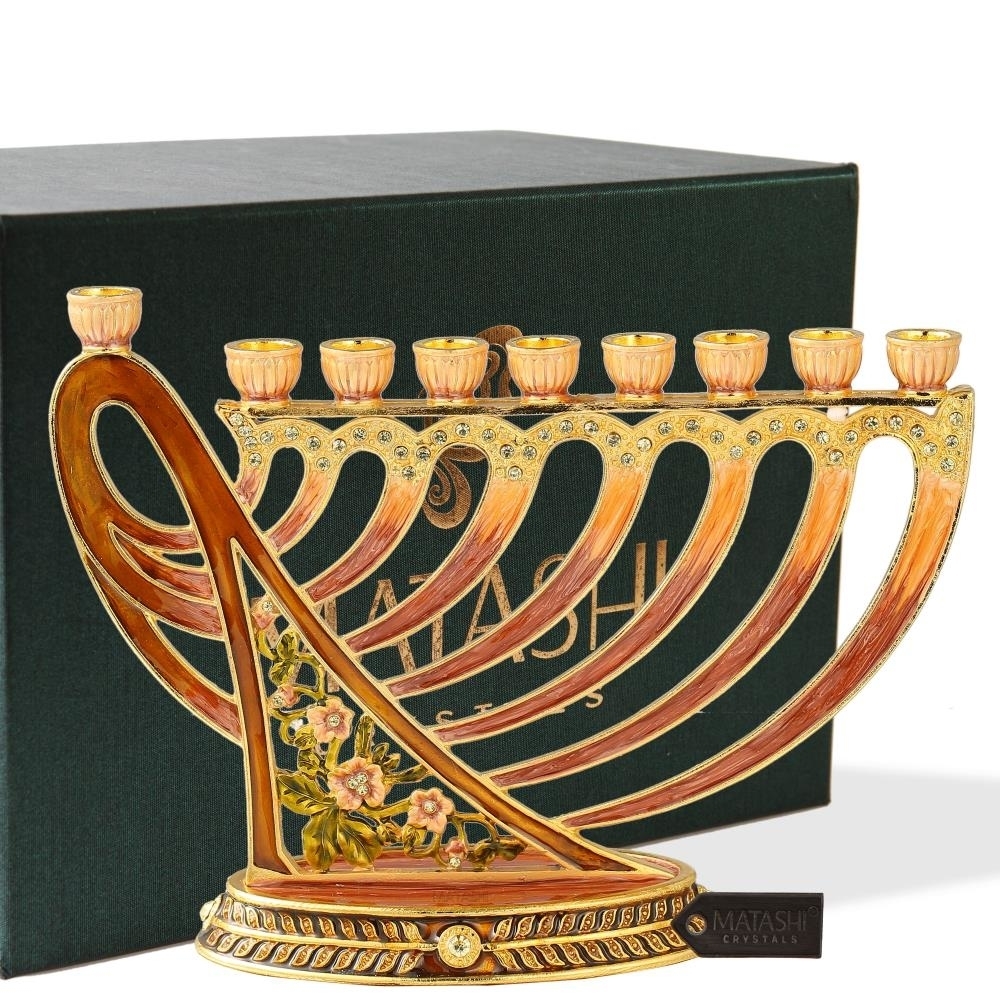 Hand Painted Enamel Menorah Candelabra With Deep Earthy Colors And Modern Flow Design And Embellished With Gold Accents A