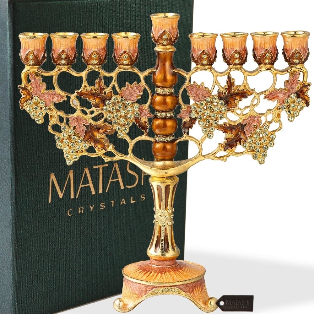 7.25 Tall Hand Painted Enamel Menorah Candelabra Embellished With An Intertwining Vineyard Design With Gold Accents