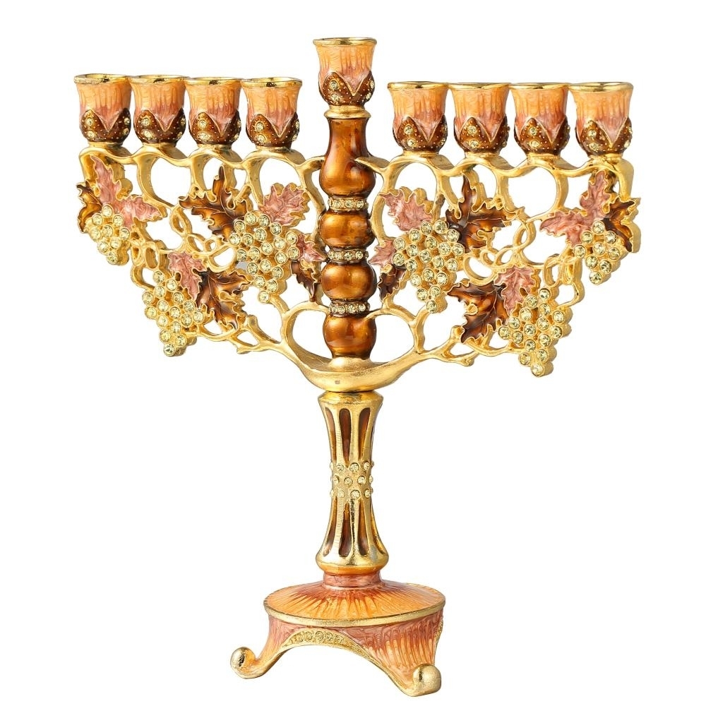 7.25 Tall Hand Painted Enamel Menorah Candelabra Embellished With An Intertwining Vineyard Design With Gold Accents