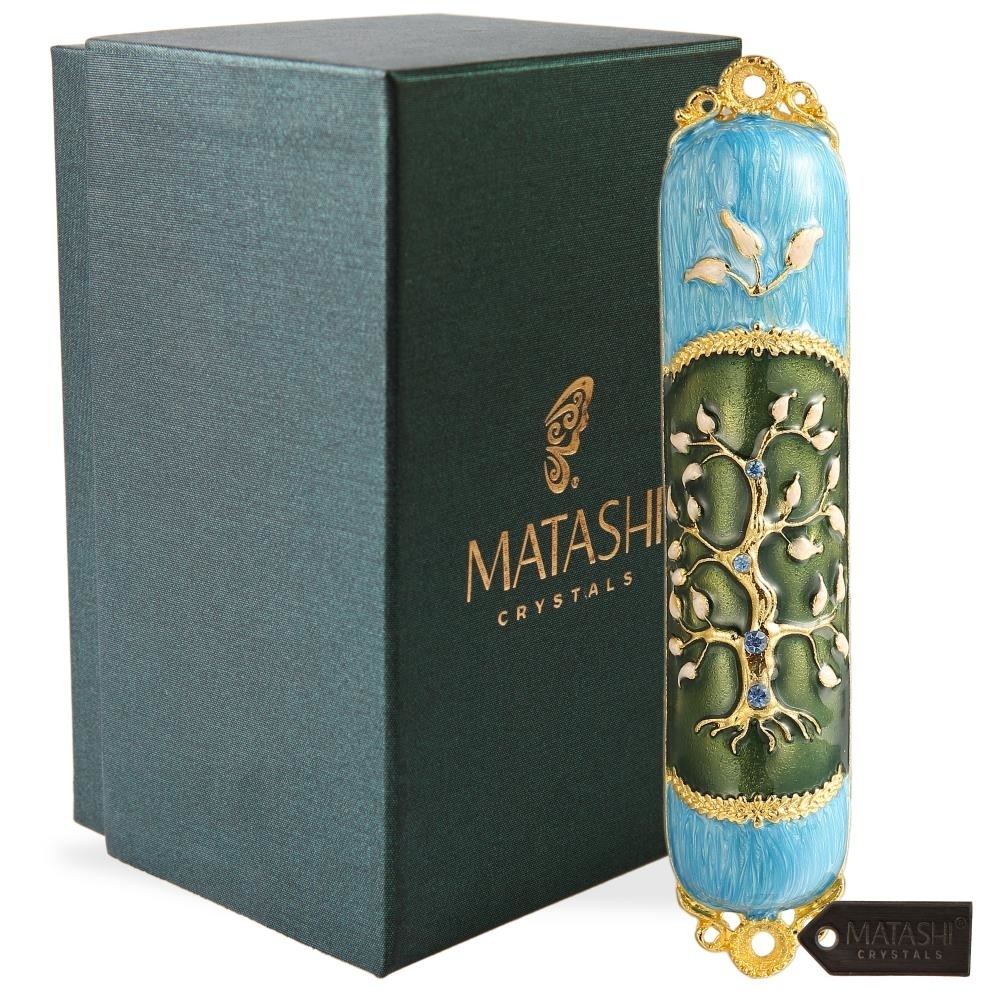 Hand Painted Enamel Mezuzah Embellished With A Tree Of Life Design With Gold Accents And High Quality Crystals By Matashi