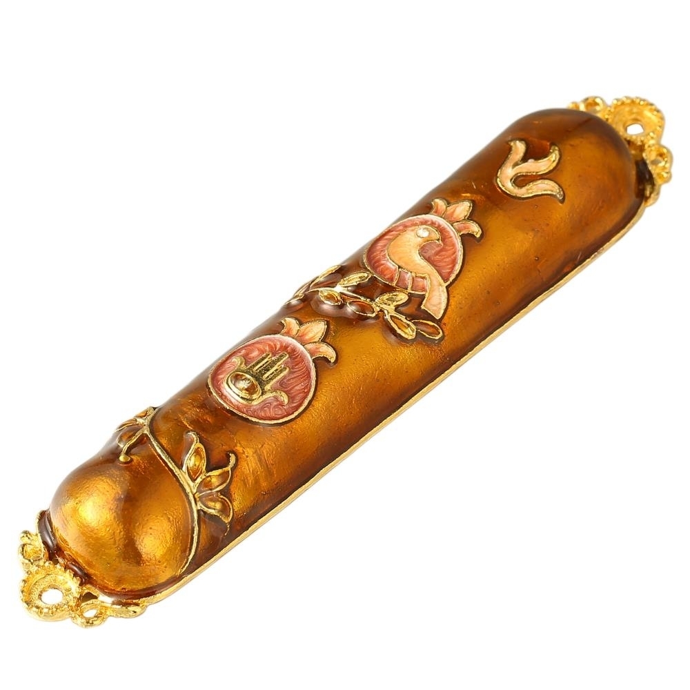 Hand Painted Enamel Mezuzah Embellished With A Dove And Hamsa Design With Gold Accents And High Quality Crystals By Matashi