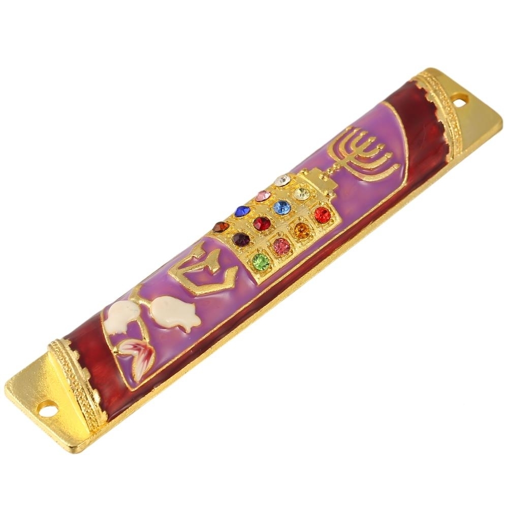 Matashi Hand Painted Enamel Mezuzah Embellished With A Menorah And Priestly With Gold Accents And Crystals