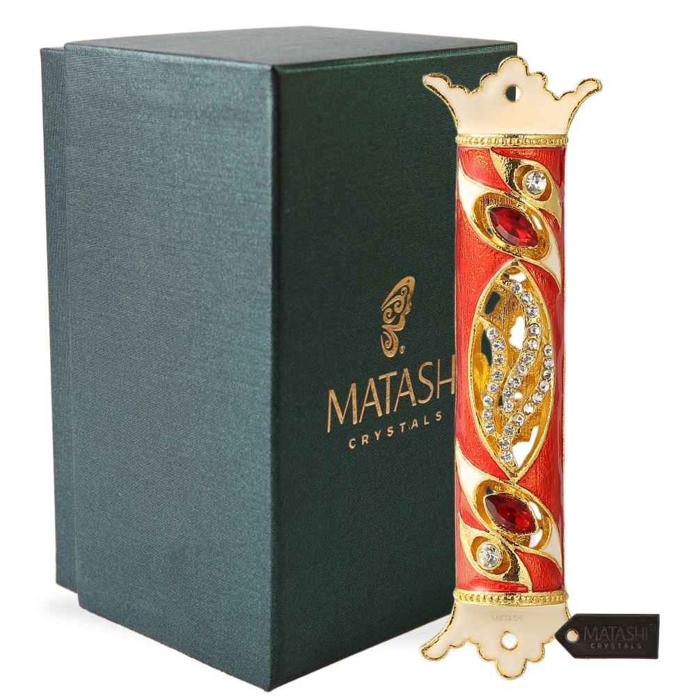 4.5 Hand Painted Enamel Mezuzah Embellished With A Royal Red Design With Gold Accents And High Quality Red And Clear Crystals By Matashi