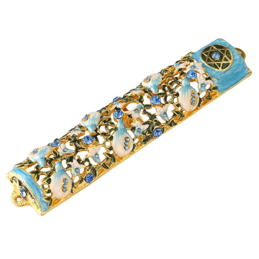 6 Hand Painted Enamel Mezuzah Embellished With A Ivy And Flowers Design With Gold Accents And High Quality Blue Crystals By Matashi