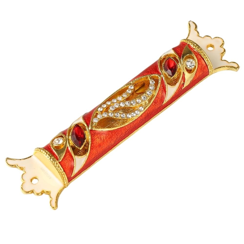 4.5 Hand Painted Enamel Mezuzah Embellished With A Royal Red Design With Gold Accents And High Quality Red And Clear Crystals By Matashi