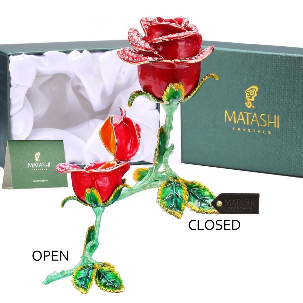 Matashi Rose Flower Trinket Box , Hand-Painted Decorative Decor With Elegant Crystals , Traditional Red And Green Colors