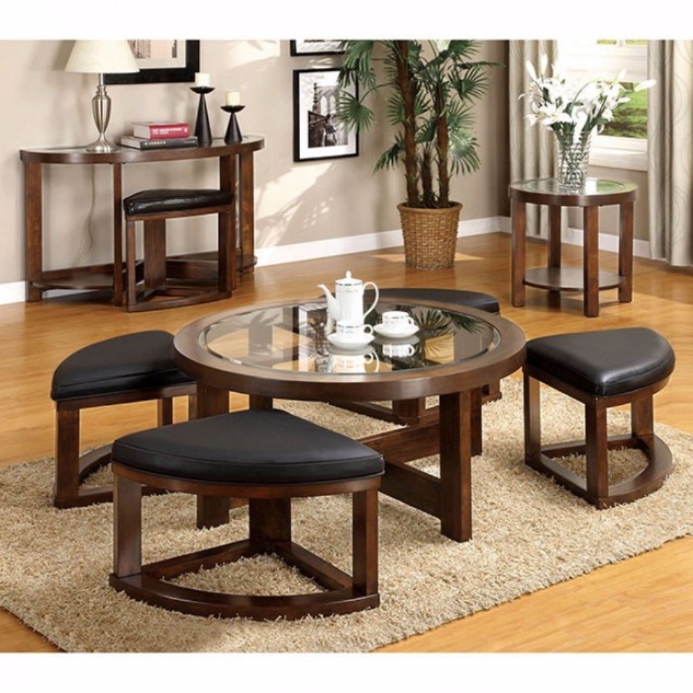 Gracious Round Wooden Coffee Table With Stylish Wedge Shaped 4 Ottomans- Saltoro Sherpi